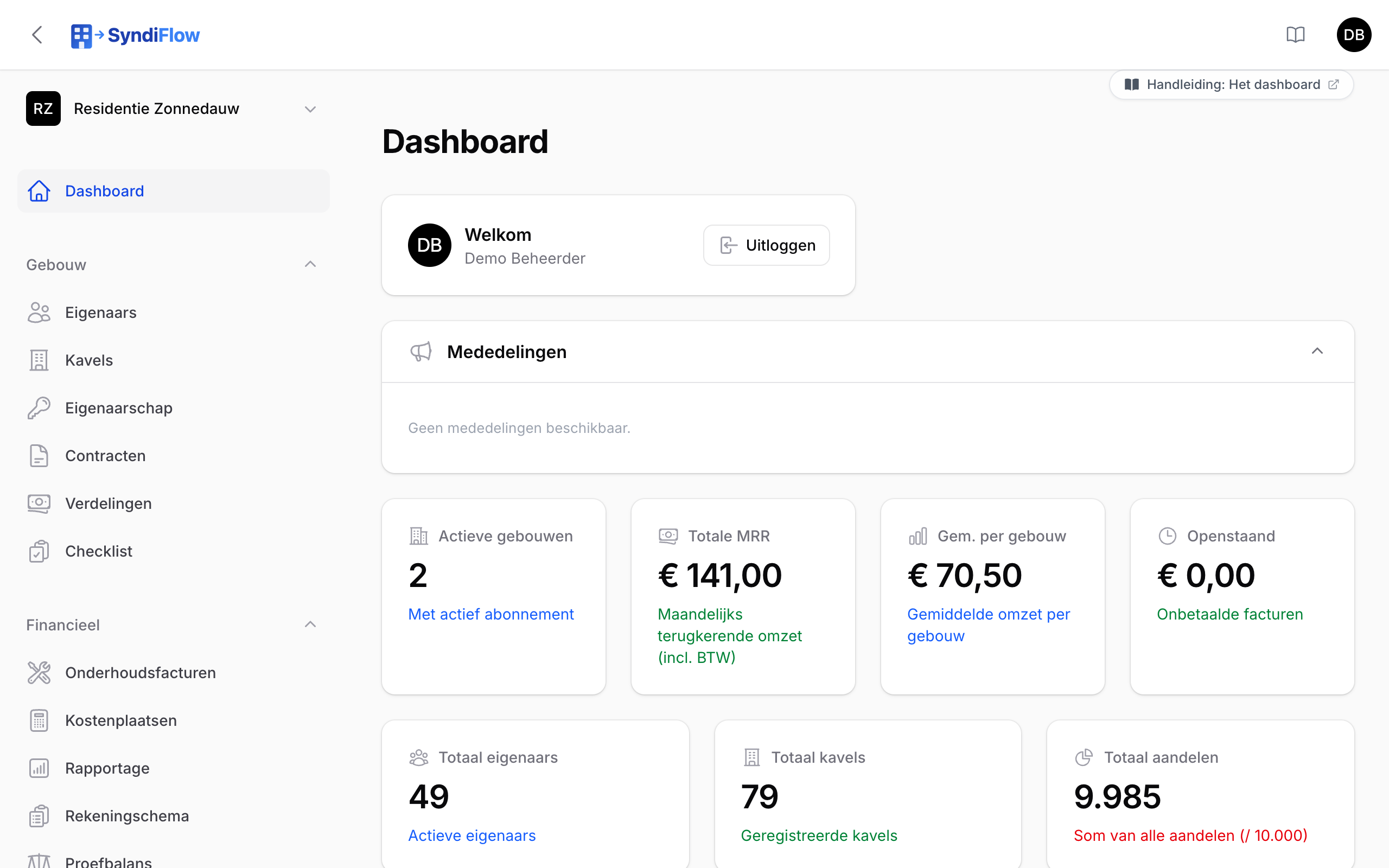 Het dashboard van het demo-gebouw met mededelingen, kerncijfers en grafieken