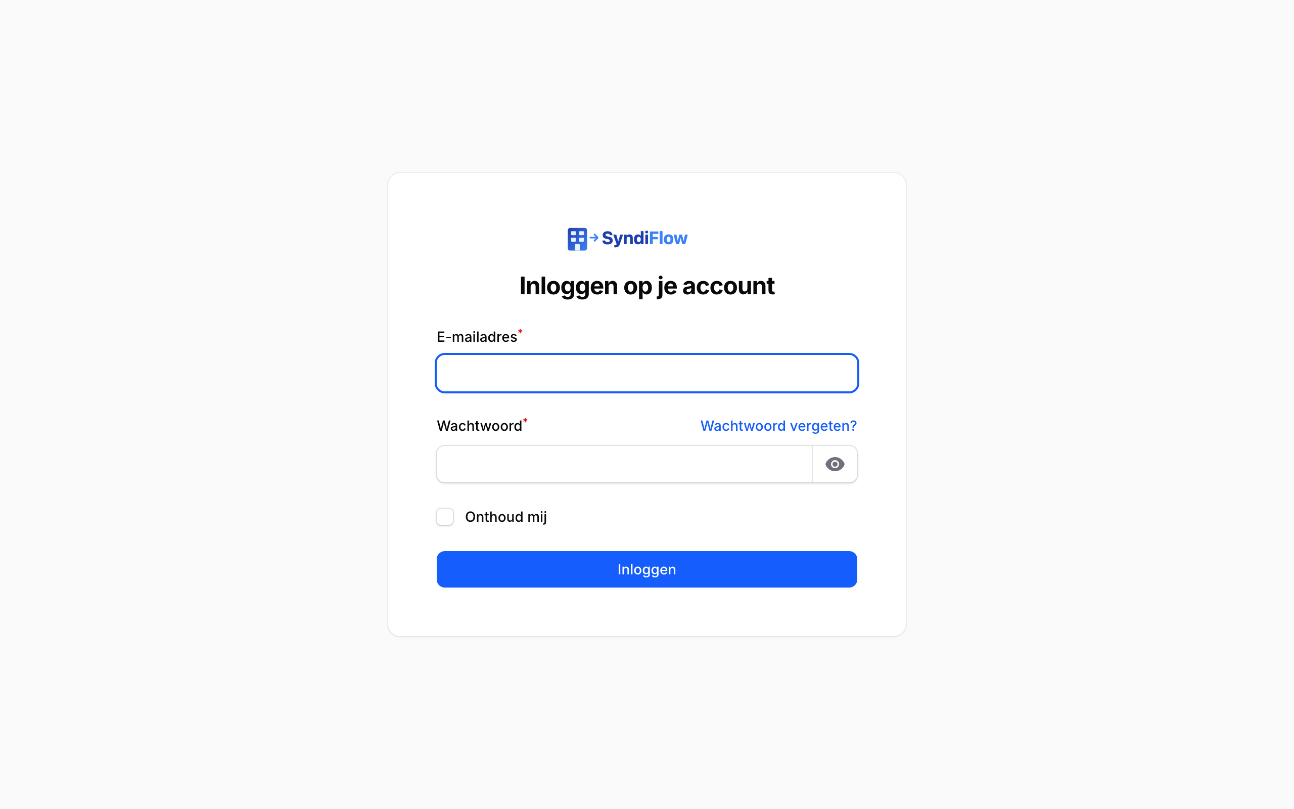 Het loginscherm van SyndiFlow met de velden e-mailadres en wachtwoord
