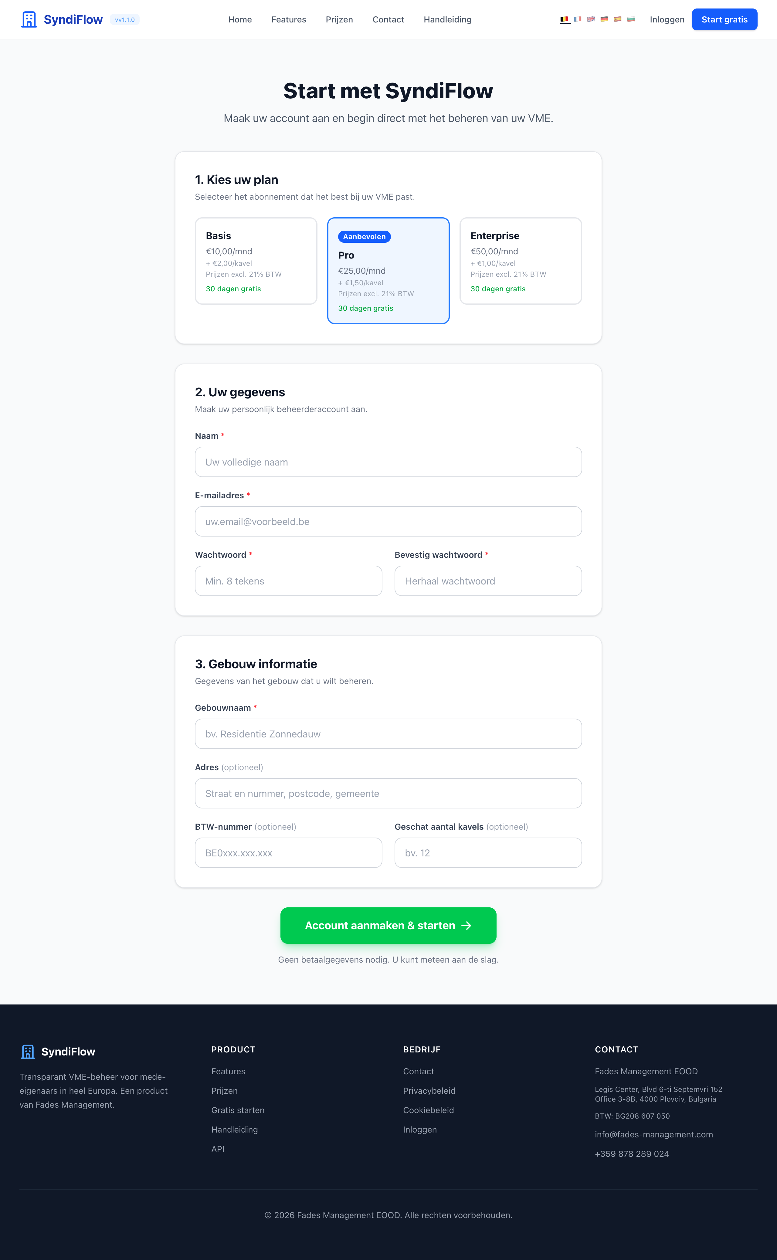 Het registratieformulier "Start met SyndiFlow" met plankeuze, accountgegevens en gebouwinformatie