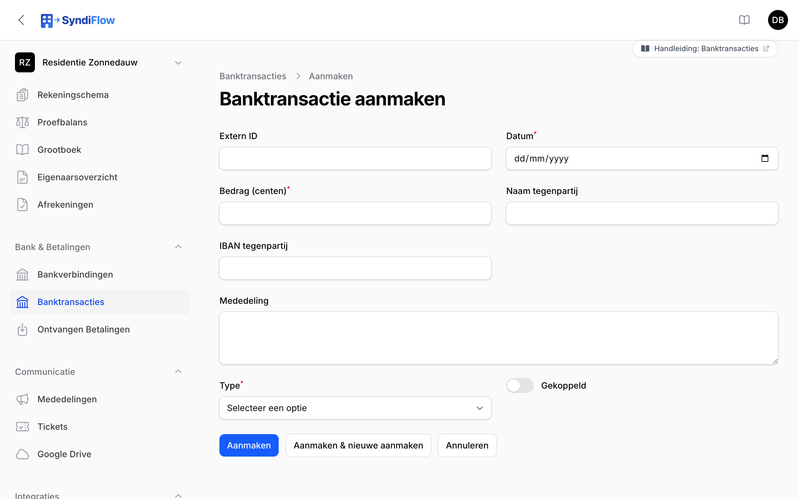 Formulier voor een nieuwe banktransactie