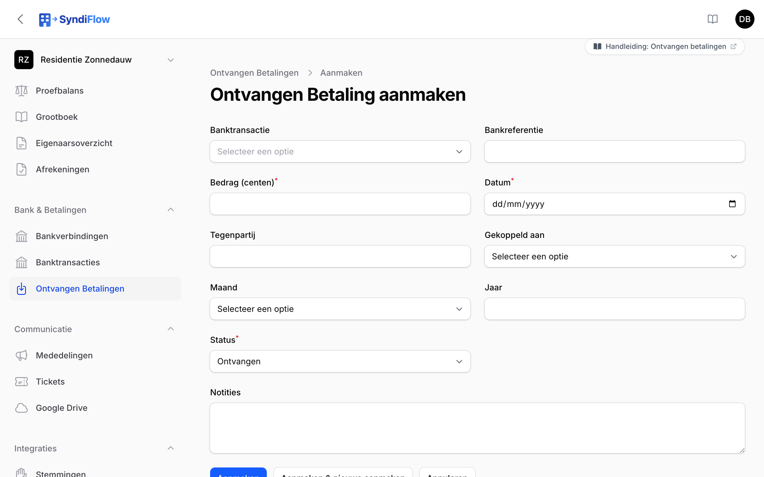 Formulier om een ontvangen betaling te registreren
