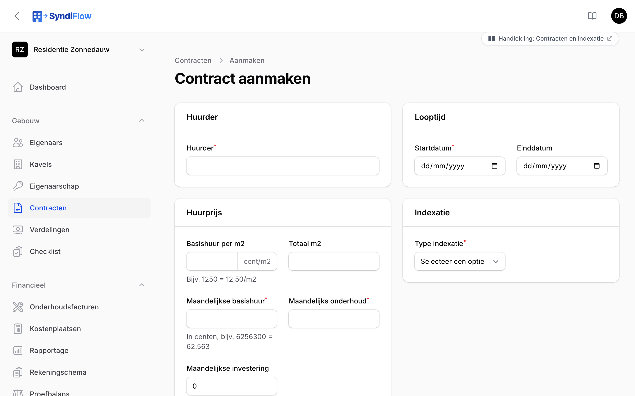Formulier voor een nieuw contract met huurder, looptijd, huurprijs en indexatie
