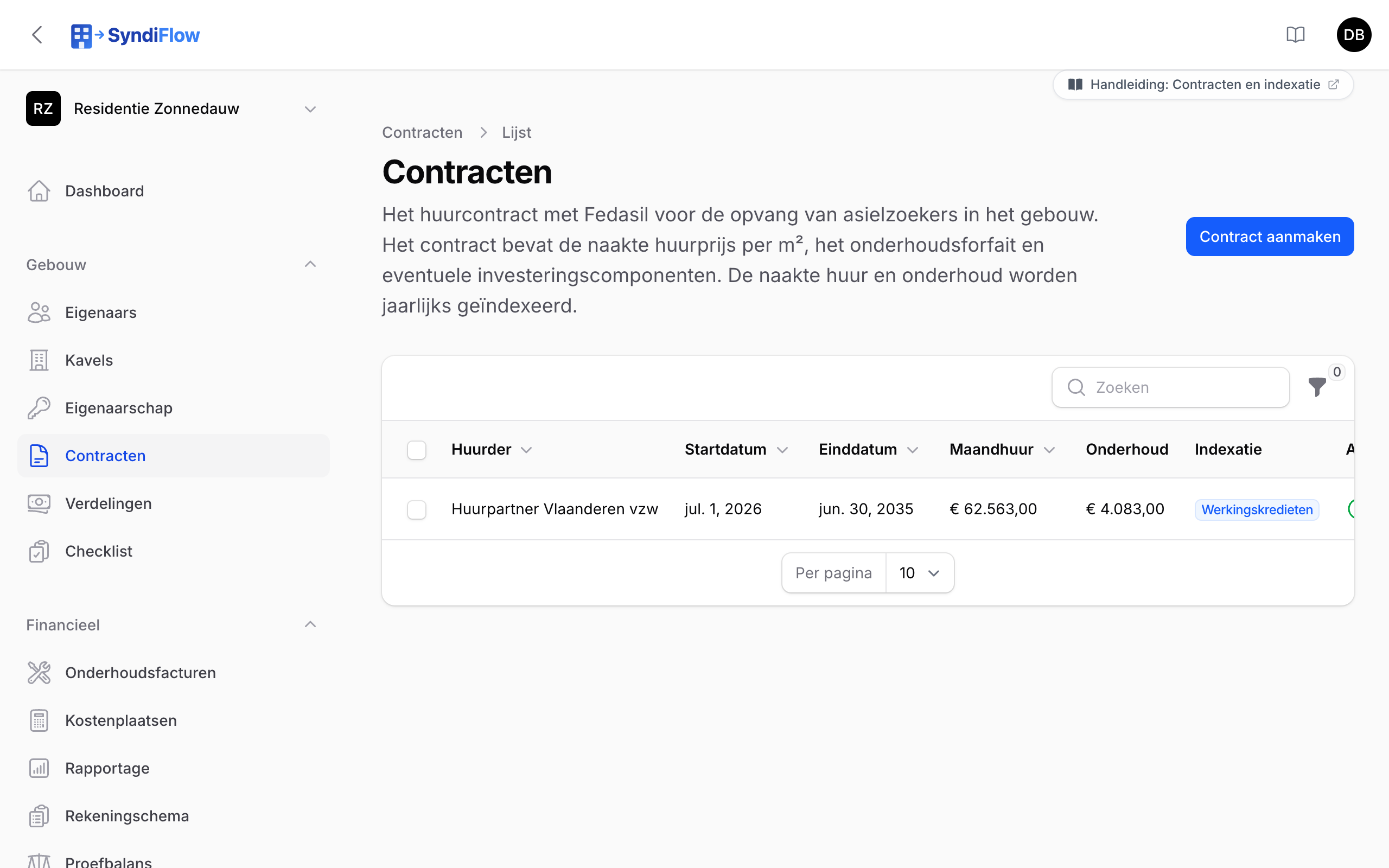 Lijst van contracten met huurder, looptijd, maandhuur, onderhoud en indexatietype