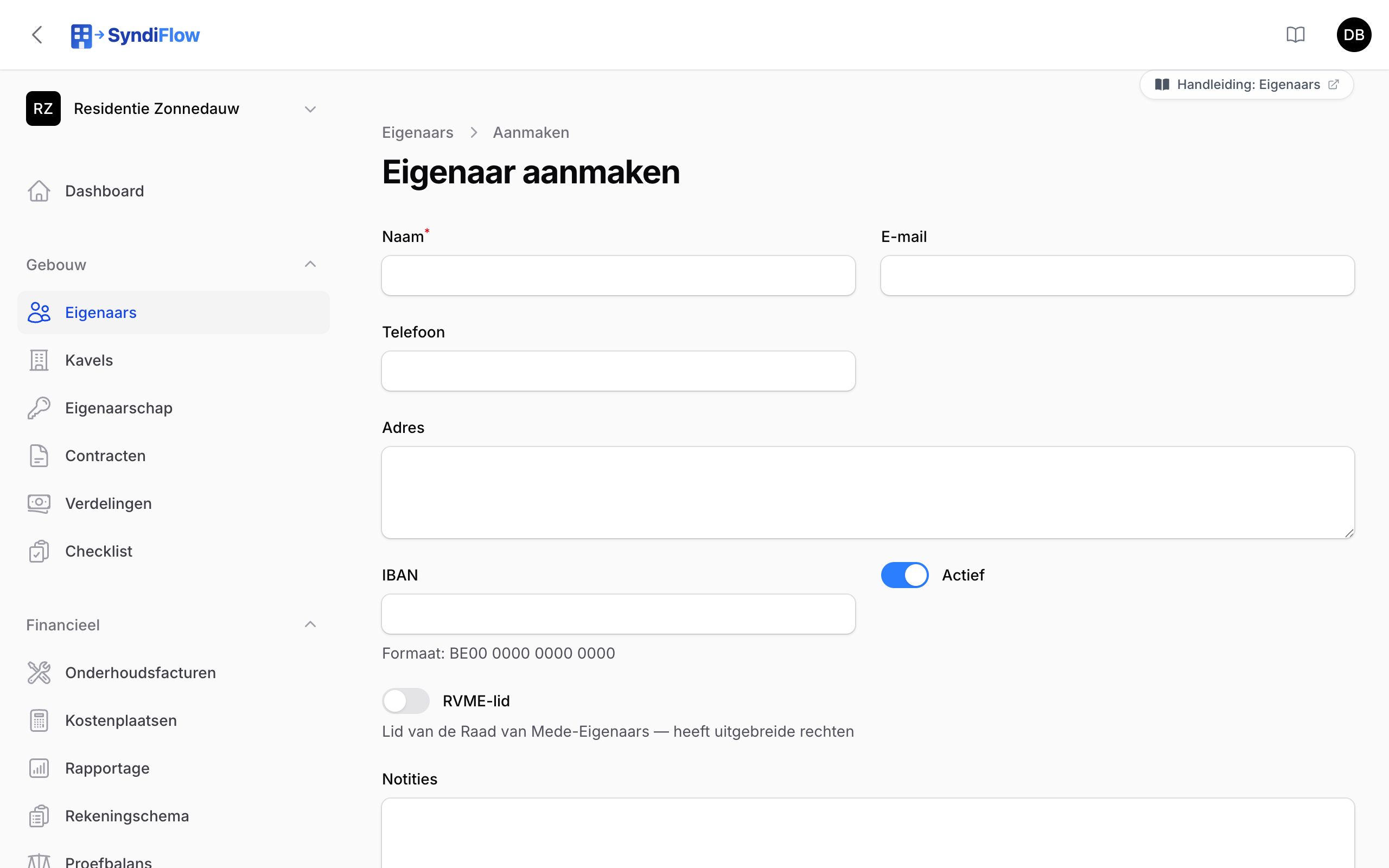 Het formulier voor een nieuwe eigenaar met naam, e-mail, IBAN en de vinkjes Actief en RVME-lid