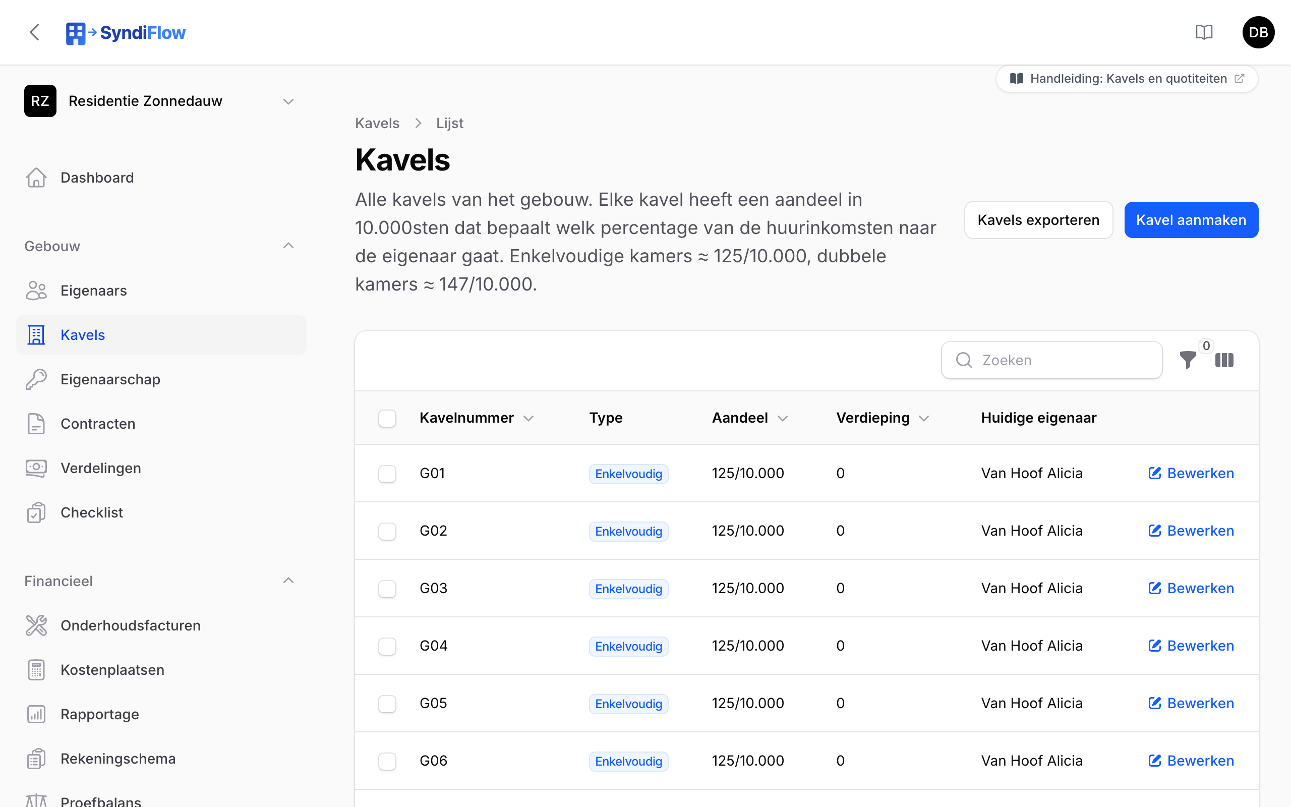 De lijst met kavels van het demo-gebouw met kavelnummer, type, aandeel, verdieping en huidige eigenaar